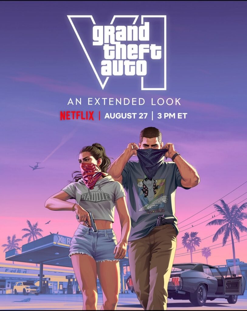 GTA 6 Extended Look Netflix key art with Jason and Lucia at a gas station, August 27 3 PM ET