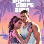 GTA 6 key art of Jason and Lucia embracing in front of the Vice City skyline, release date November 19, 2026