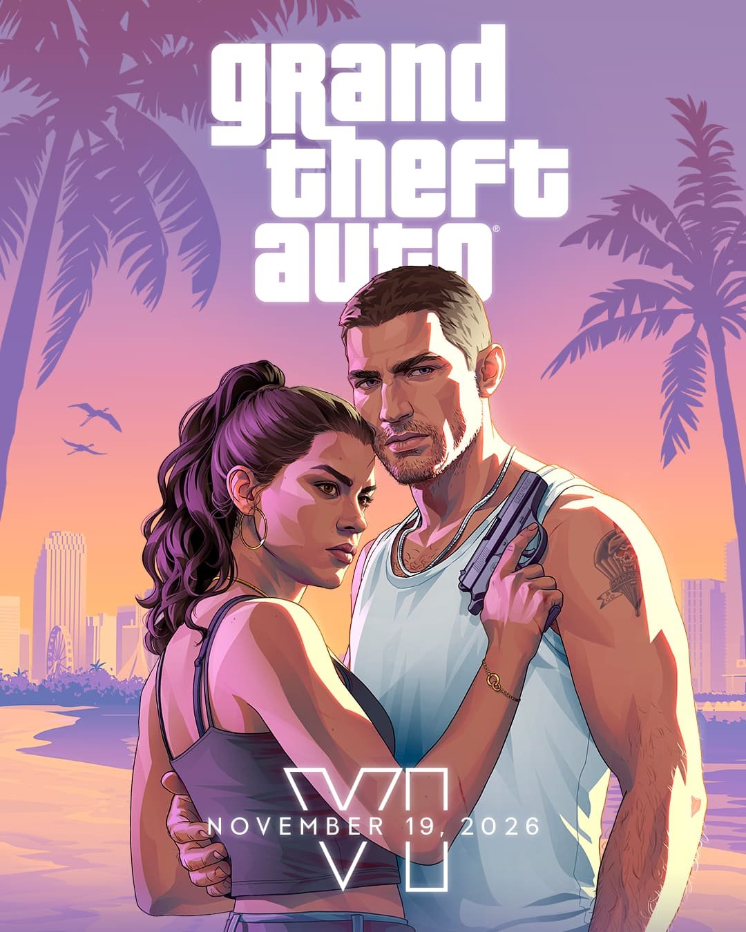 GTA 6 key art of Jason and Lucia embracing in front of the Vice City skyline, release date November 19, 2026