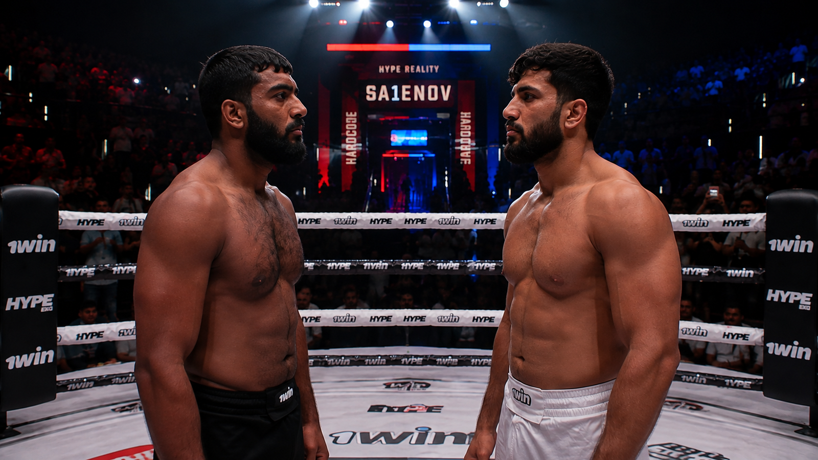 Two fighters in intense face-off stance before their bout at Hype Armenia event in Yerevan
