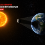 Illustration showing the Sun, Moon, and Earth aligned during a rare solar eclipse ahead of the Perseid Meteor Shower in August 2026.