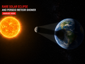 Illustration showing the Sun, Moon, and Earth aligned during a rare solar eclipse ahead of the Perseid Meteor Shower in August 2026.