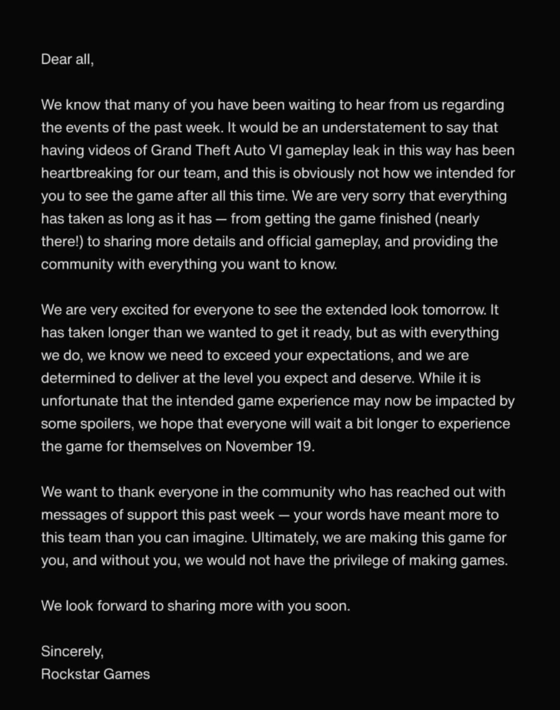 Rockstar Games official Instagram statement addressing the GTA 6 gameplay leaks, calling them heartbreaking and confirming the November 19 release