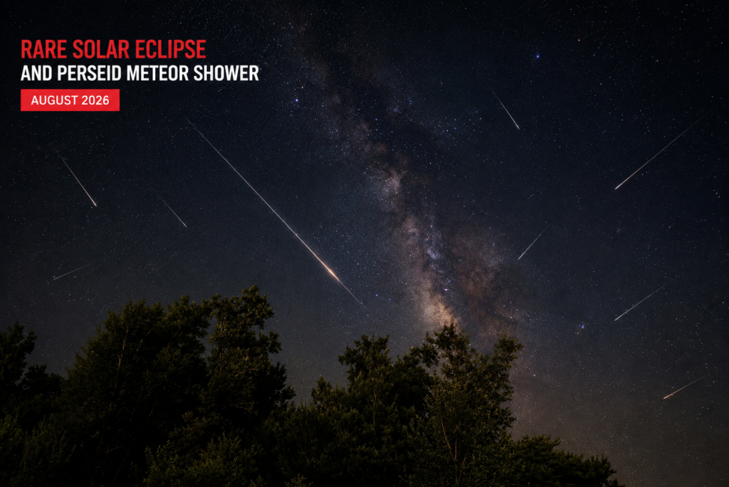 Bright Perseid meteor streaks crossing the Milky Way during the rare solar eclipse period in August 2026.